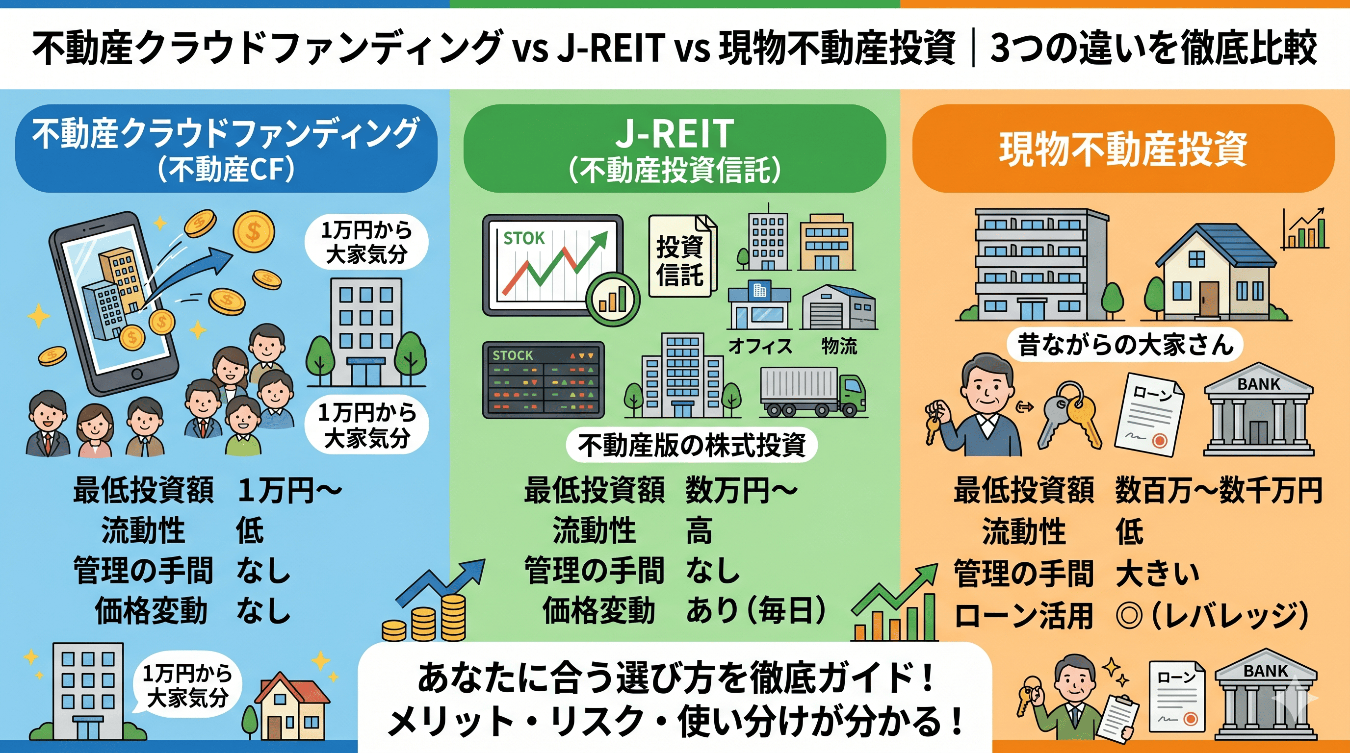 不動産クラウドファンディング vs J-REIT vs 現物不動産投資｜3つの違いを徹底比較